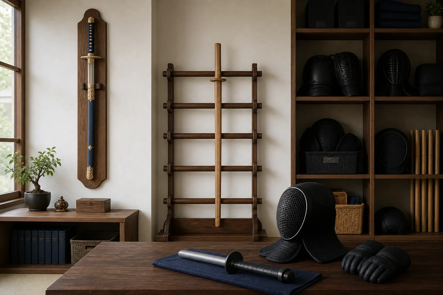 Display sword, wooden practice sword and protective training equipment stored in separate areas