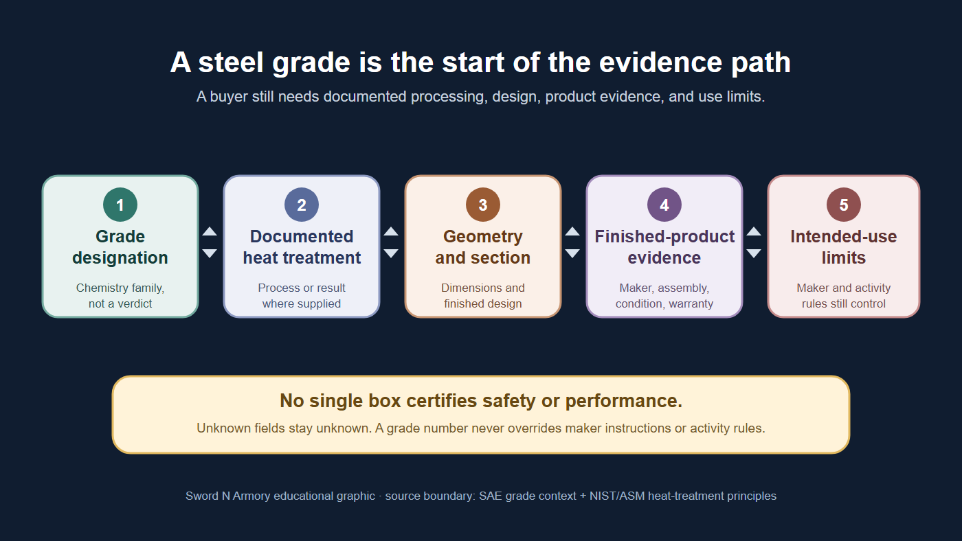 Five-step evidence path: grade designation, documented heat treatment, geometry and section, finished-product evidence, and intended-use limits.