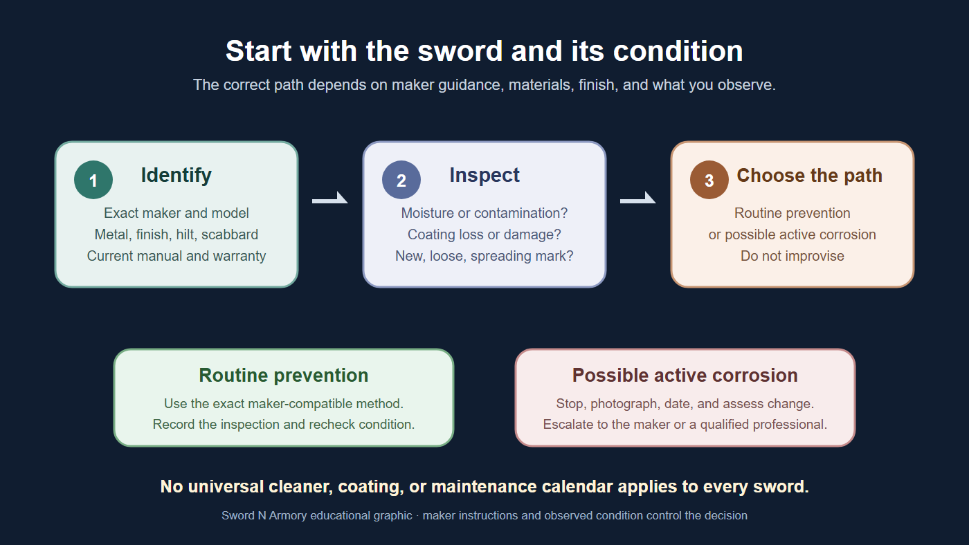 Decision path: identify the exact sword and materials, inspect its condition, then follow either maker-approved routine prevention or stop and escalate possible active corrosion.