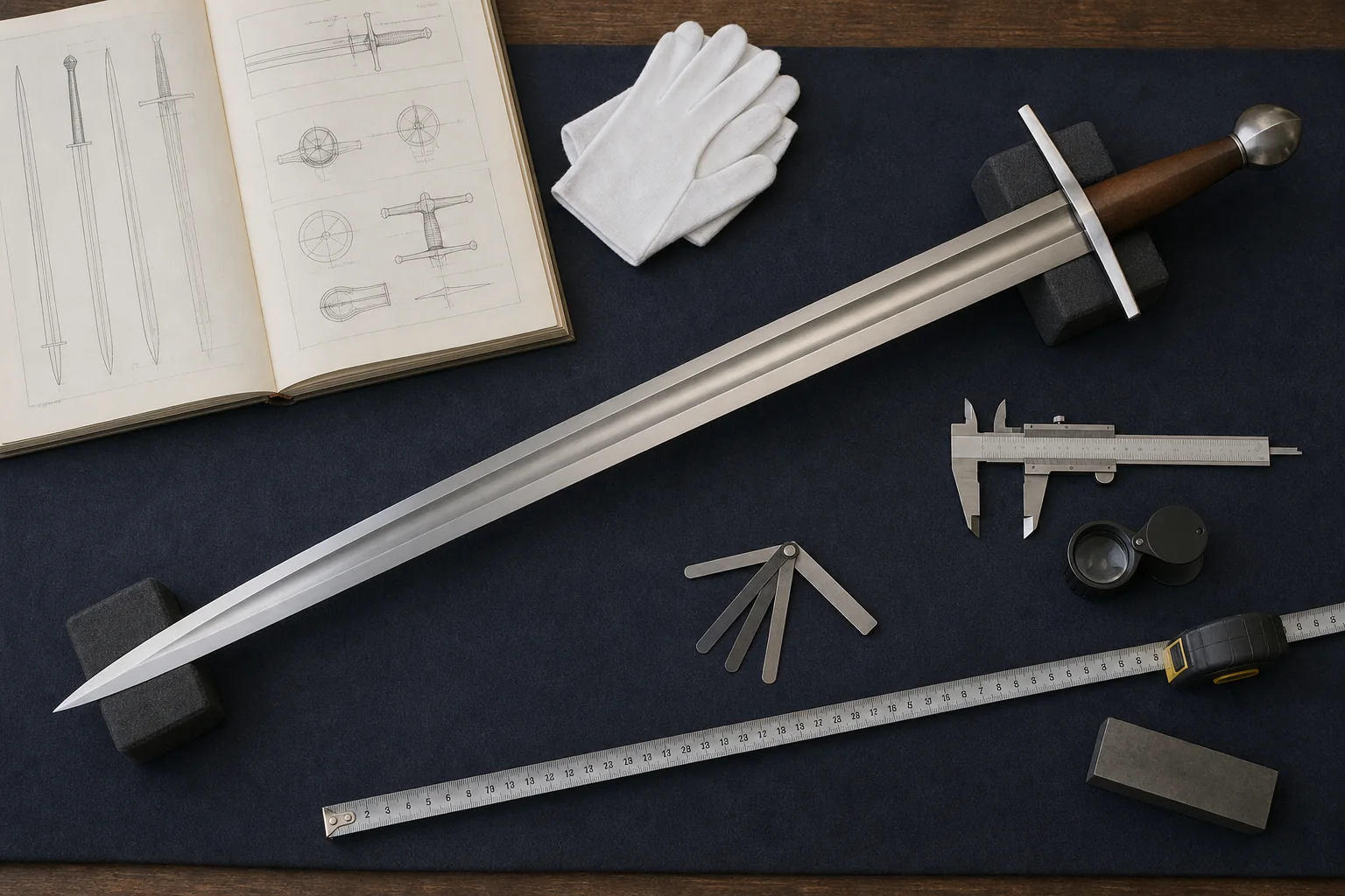 Stationary sword supported on an inspection mat with measuring tools, gloves and maker diagrams