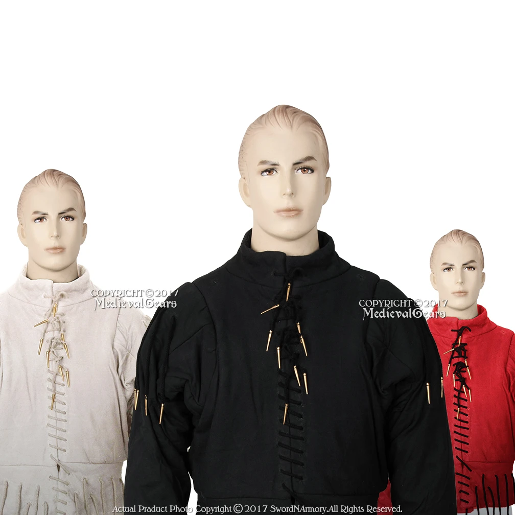 Black, ecru, and red medieval arming doublets