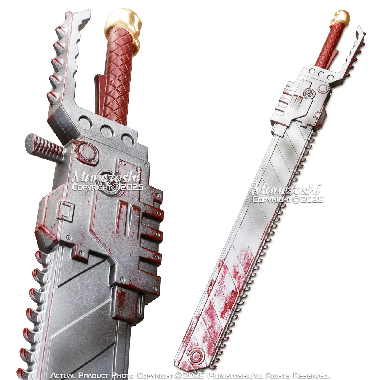 Close and full product views of a red-and-silver foam chain-style collectible.