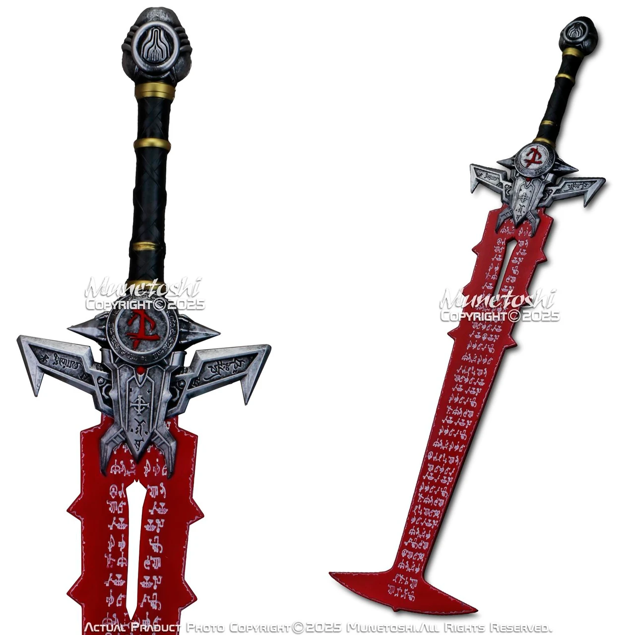 Two product views of a crimson and silver foam game-inspired collectible.