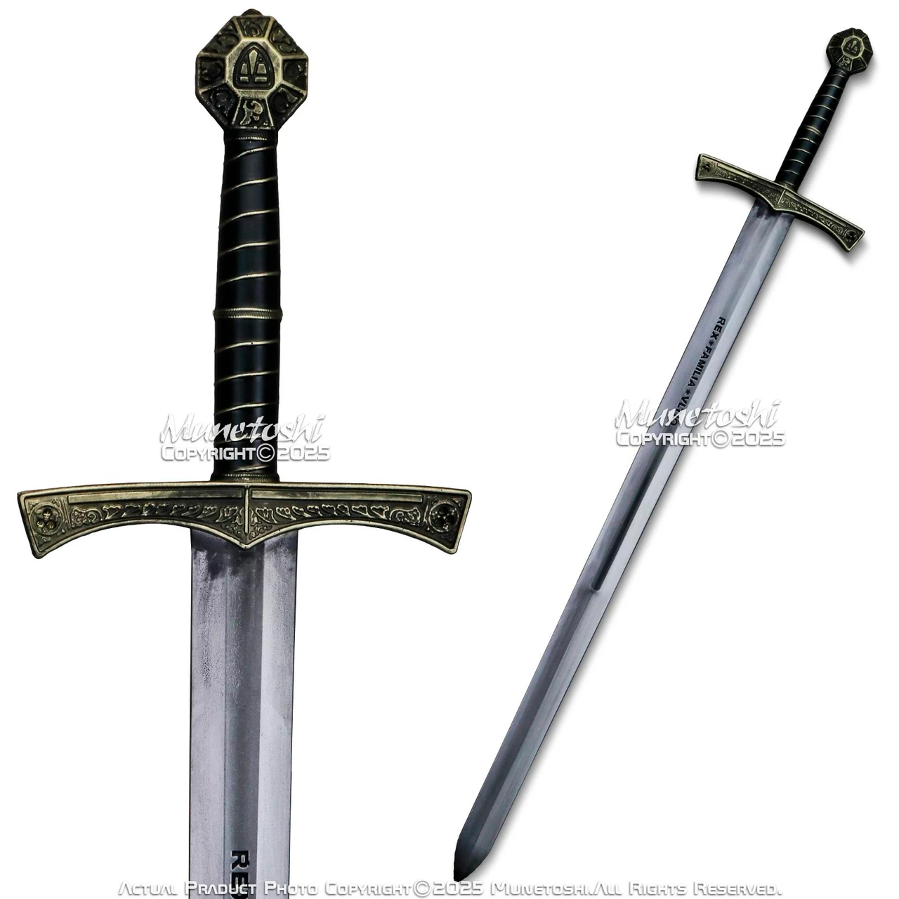Close and full product views of a gray foam medieval-style replica with a dark grip and antique-gold details.