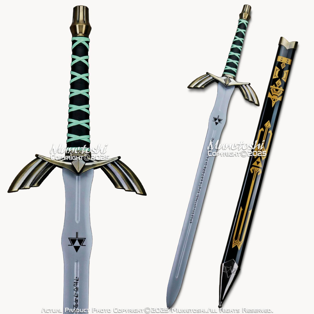 Three product views of a black-and-green bamboo replica with a decorated sheath.
