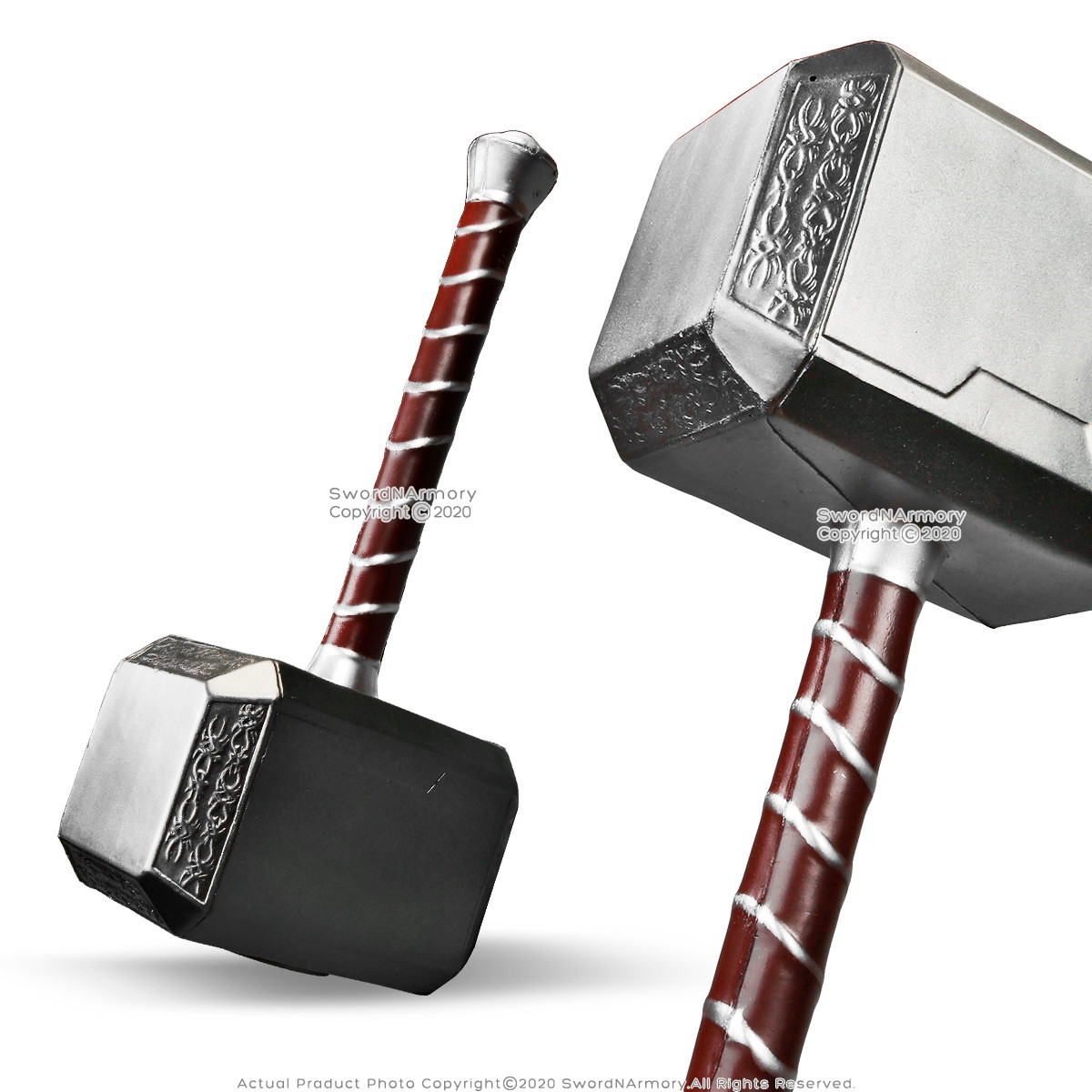 Three product views of a silver and black foam fantasy hammer with a brown wrapped handle.